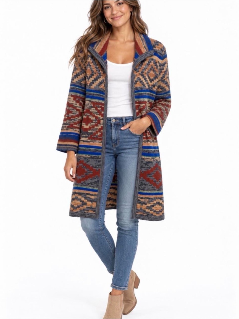Spense Knits Southwestern Tribal Aztec Duster Cardigan Jacket - Small